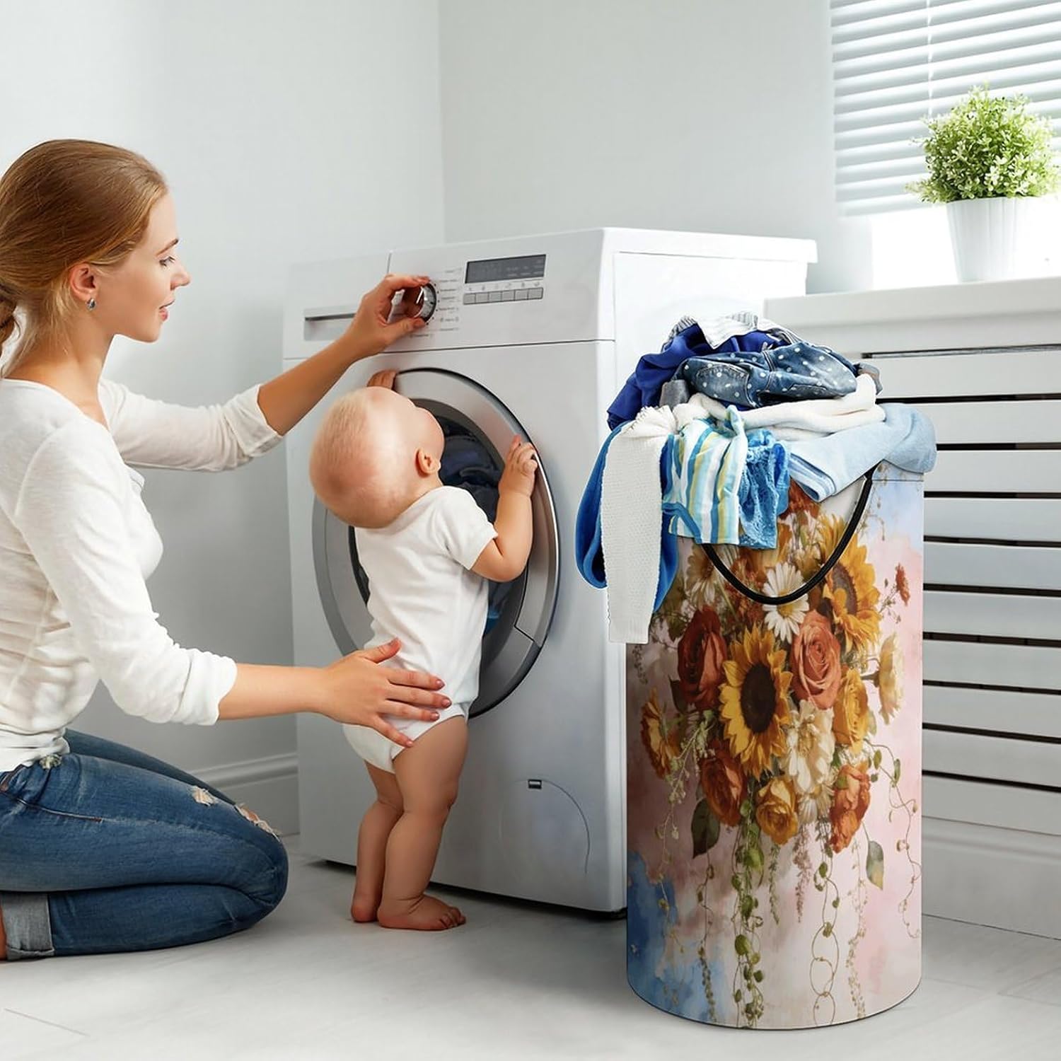 Boho Floral Laundry Hamper 86L Waterproof Collapsible Clothes Basket with Double Handles Freestanding Foldable Laundry Basket Large Clothes Hamper for Bathroom