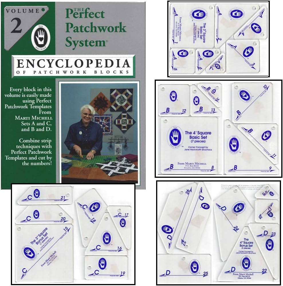 Marti Michell Volume 2 Patchwork Quilting Set - 5 Items: Volume 2 Encyclopedia of Patchwork Blocks Book and 4 Patchwork Template Sets: Set A, Set B, Set C and Set D for 3-Inch and 4-Inch Blocks
