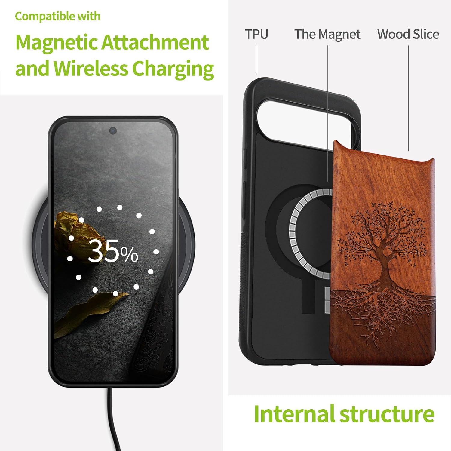 Carveit Magnetic Wooden Case for Pixel 9 Pro Google 9 Pro Case, Wood Artisan Engraved & Soft TPU Shockproof Cover, Compatible with MagSafe Wireless Chargers (The Yin Yang Tree) Rosy