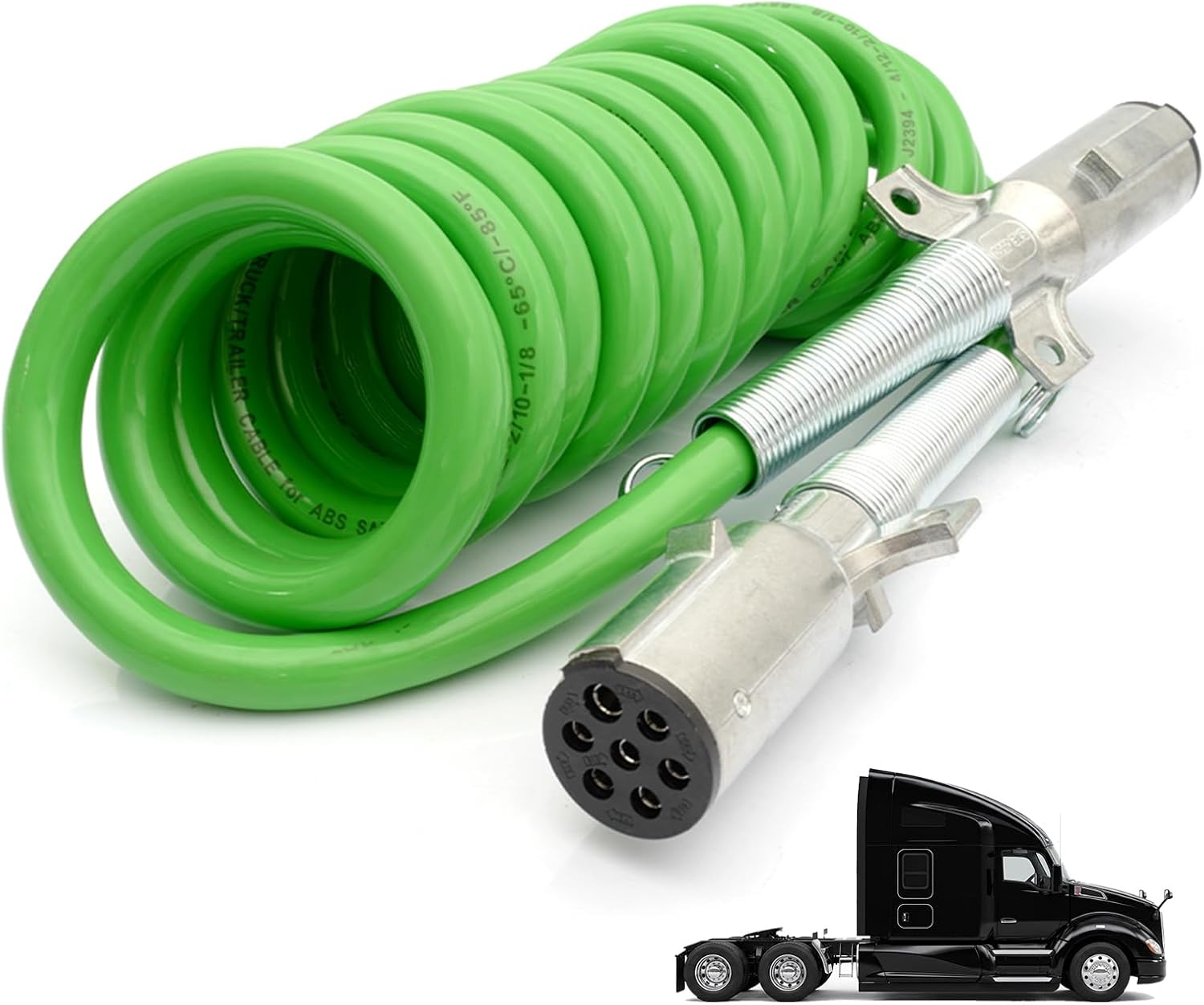 INIONE 7 Way Plug Coiled Cable Assembly, 15 FT ABS and Power Green Pure Copper Cord Wire Cable for Tractor Trailer Semi Truck