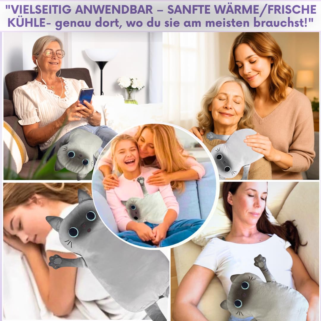 Körnerkissen, Kuscheliges Wärmekissen, Mikrowelle geeignet, waschbarer Bezug, Tier Katze Ideal bei Verspannungen und Krämpfen Geschenke für Frauen, Mädchen und Kinder (Katze grau)