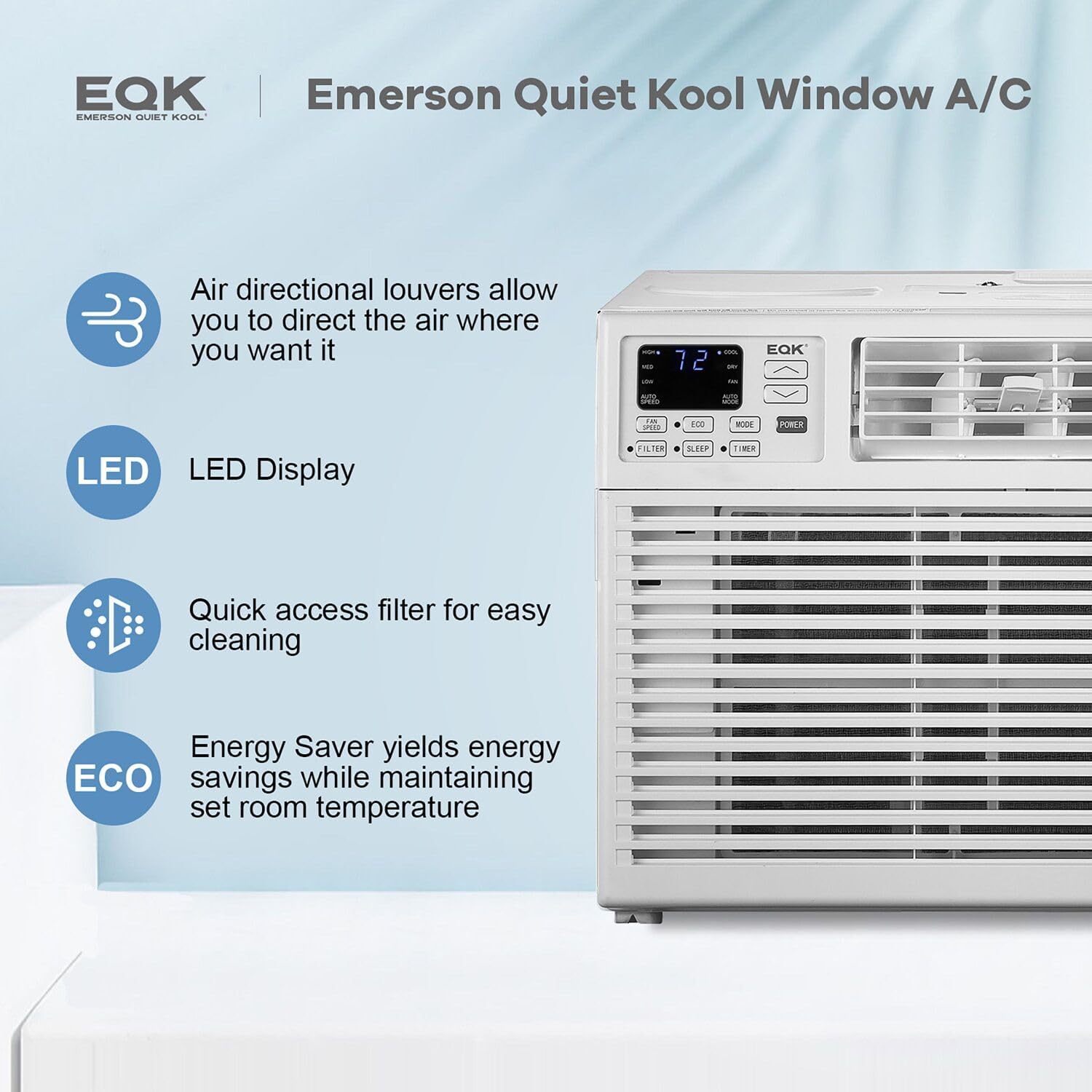 Control panel of Emerson Quiet Kool AC highlighting features like air directional louvers, LED display, quick access filter, and Energy Saver mode