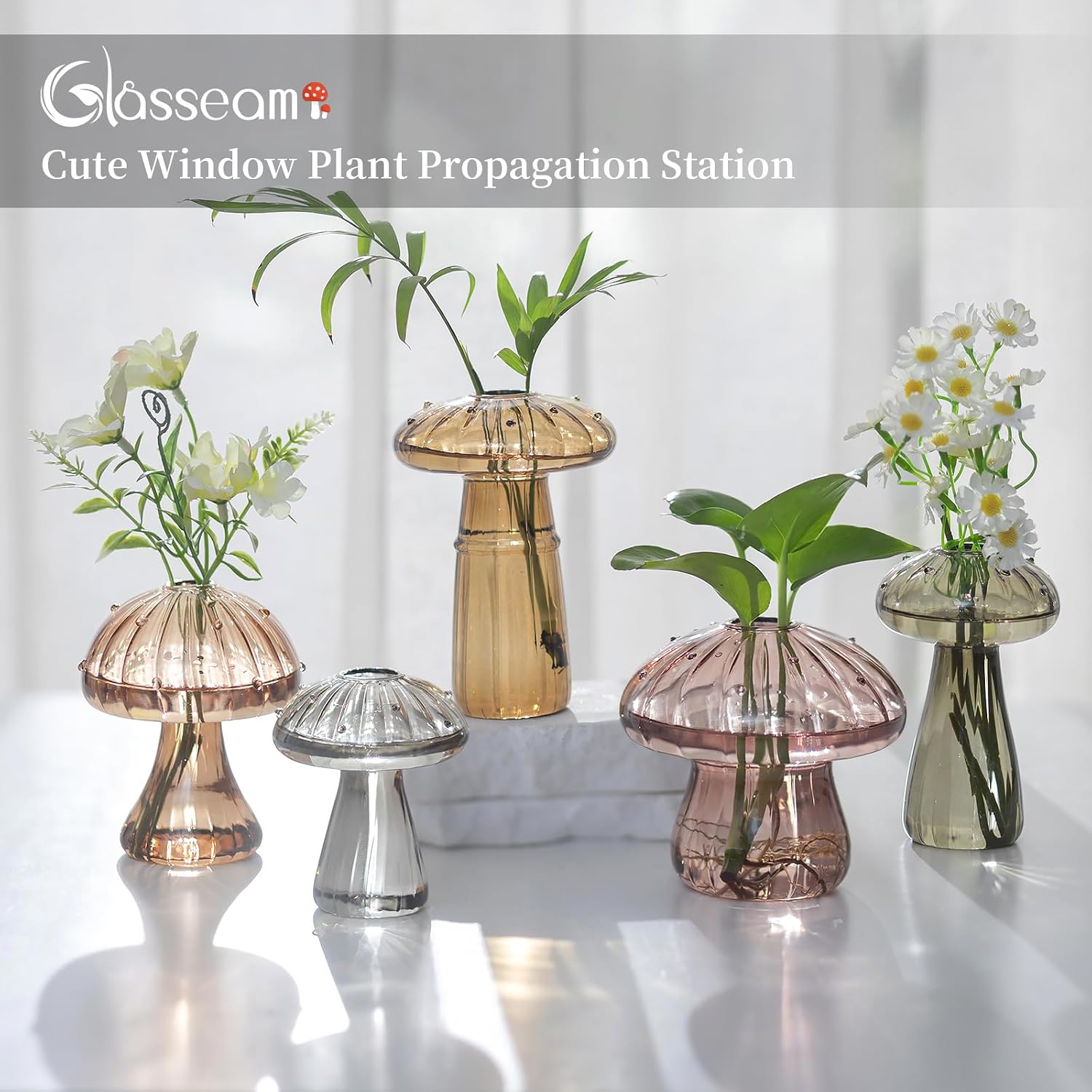 Glasseam Colored Mushroom Plant Terrarium: Glasseam Hand-Blown Glass Propagation Stations - Small Hydroponic Jars for Home Table Window Autumn Decor - Gifts for Plant Lovers (10Pcs)