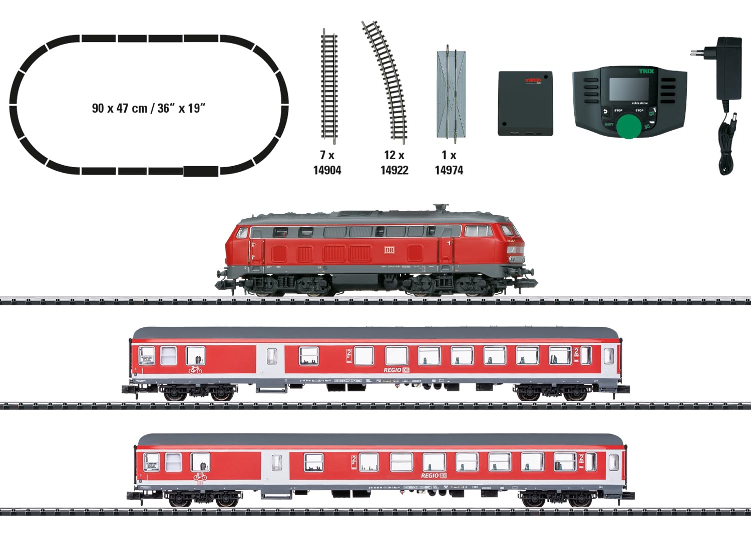 Minitrix 11170 cyfrowy zestaw startowy "Wydruk rekreacyjny", tor N (1:160) – cyfrowy model kolejki z lokomotywą spalinową, dekoderem MFX i DCC, dźwięk, mobilna stacja, kolejowy, Epoka VI
