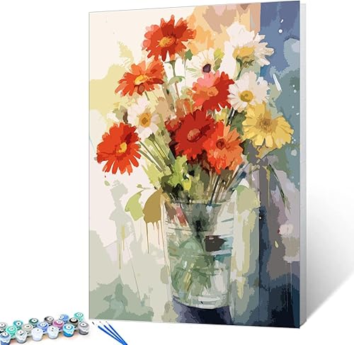 Miniatura 8 de Tucocoo Kits de pintura de girasoles por números con pinceles y pigmento acrílico sobre lienzo para adultos, acuarela abstracta floral