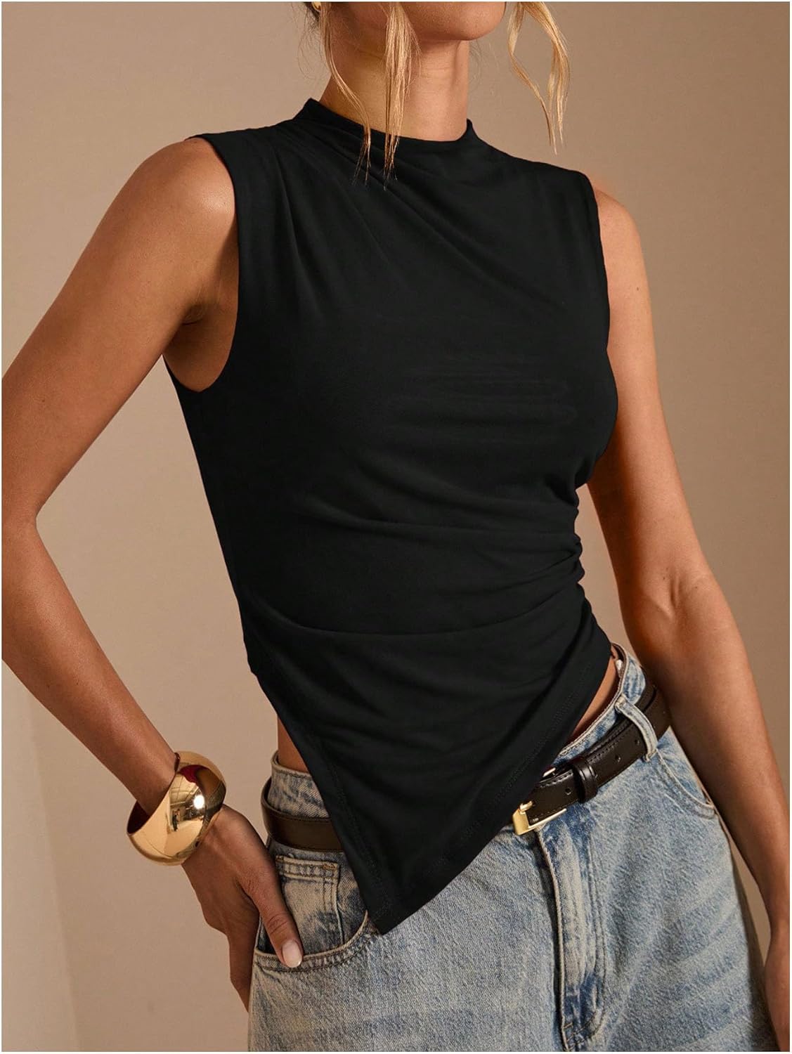 Floerns Women's Mock Neck Tank Top Ruched Hanky Hem Sleeveless Going Out Tops - Image 2