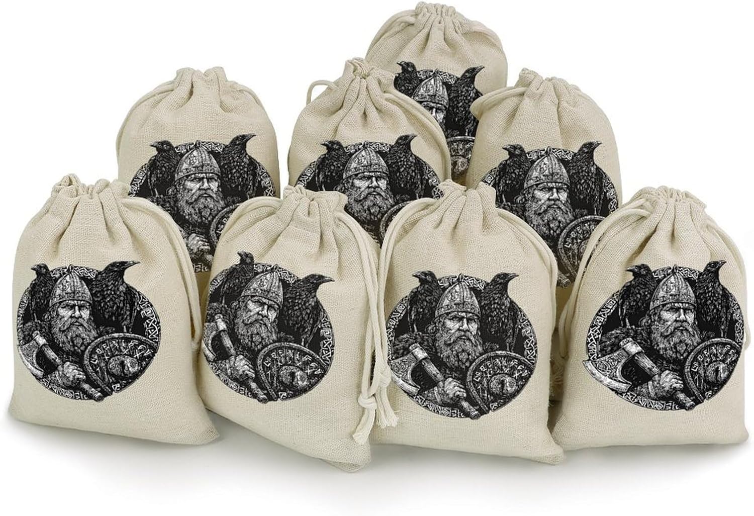 Odin God Vikings Ravens Drawstring Bags Cotton Linen Pack of 8 | Reusable Storage Gift Pouch Party Home Supplies