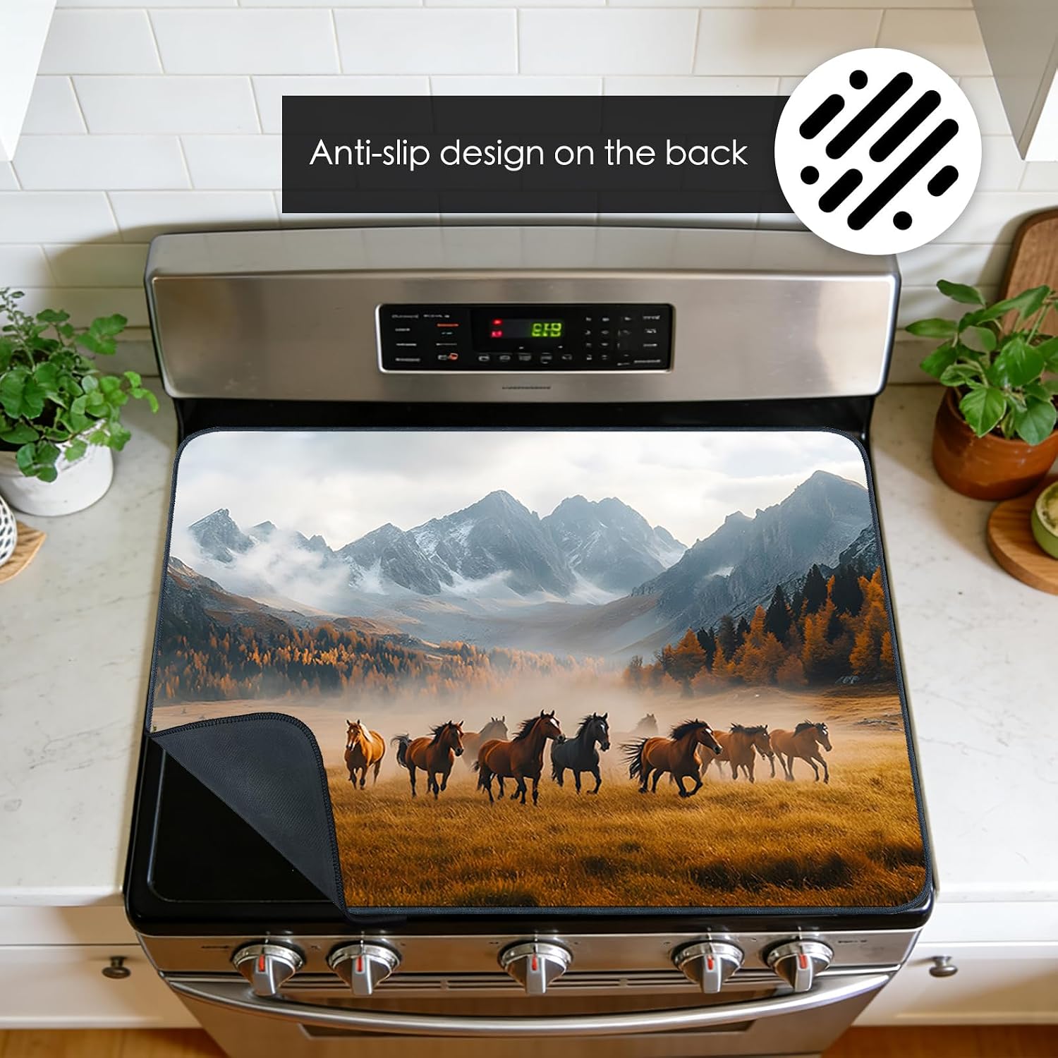 Nuxovilar Stove Top Cover Wild Horses Mountain Landscape Design Polyester & Diatom Mud Blend 20.47x28.34 Inches - for Nature Lover Home, Living Space, Rustic Decor with Horses Mountain Scene