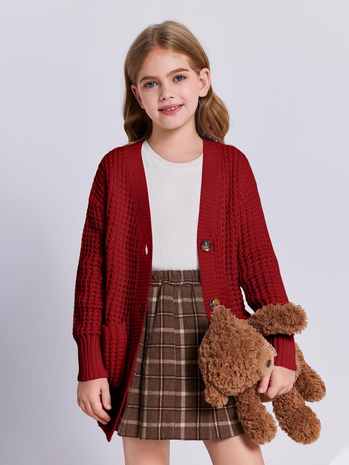 Imily Bela Girls Sweaters Kids Open Front Button Down Knit Cardigans with Pockets