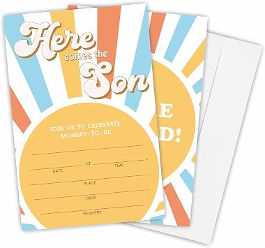 Here The Sun Baby Shower Invitation,25 Retro Pop Theme Baby Shower Invites With Envelopes, Fill In Style Double-Sided Invitation Cards, Party Favors And Supplies-YQK-A02