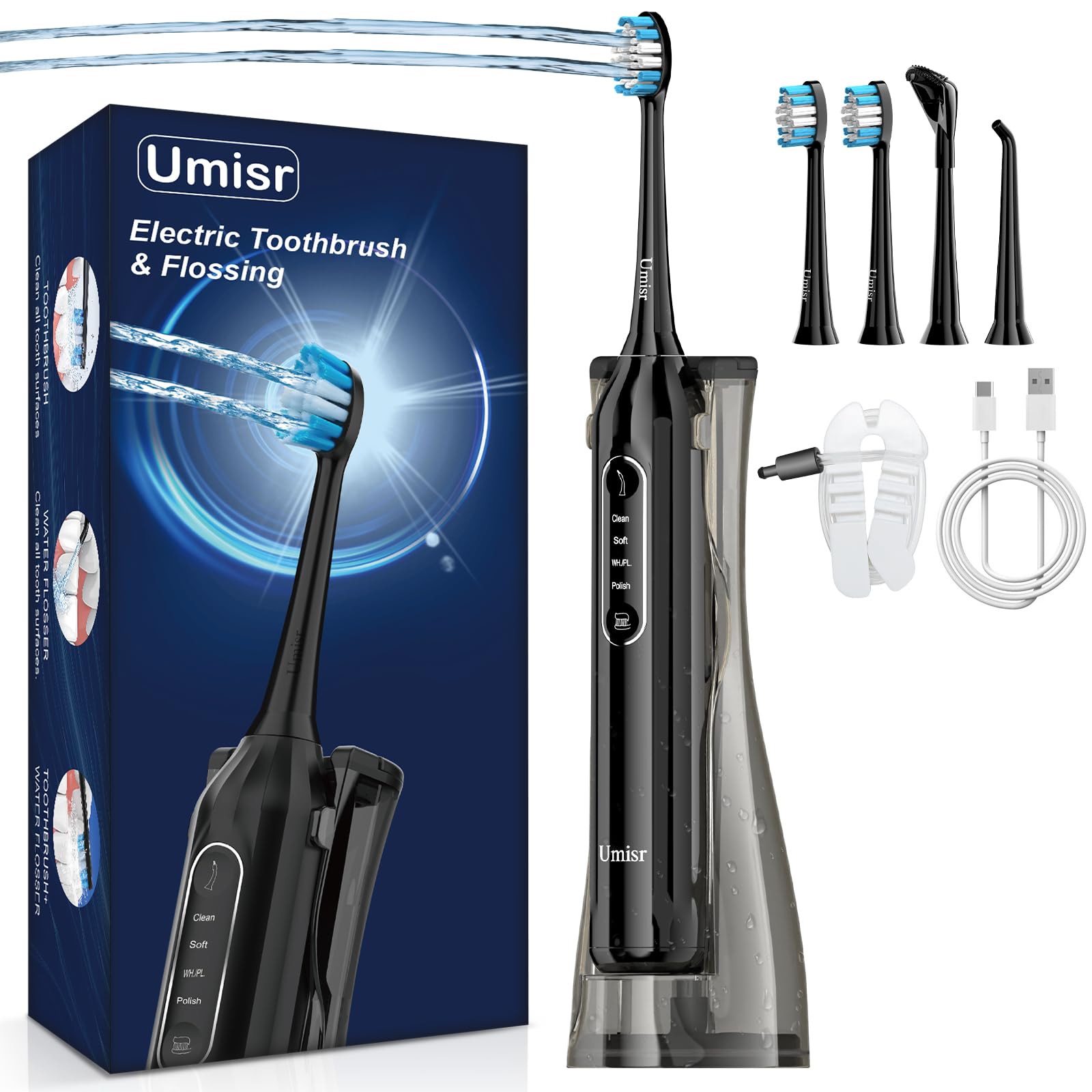 Zahnbürste mit Wasser Flosser Combo für Erwachsene, 4-in-1 wiederaufladbare elektrische Zahnbürste mit Wasserflosse, IPX7 wasserdicht, 4 Modi, Schallzahnbürste, 3 Modi, Reise, schnurlose