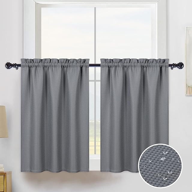 CAROMIO Grey Kitchen Curtains - Waffle Weave Short Curtains for Small Windows, Super Soft Half Curtains 36 Drop for Kitchen Living Room with Rod Pocket 2 Panels, 30" W x 36" L