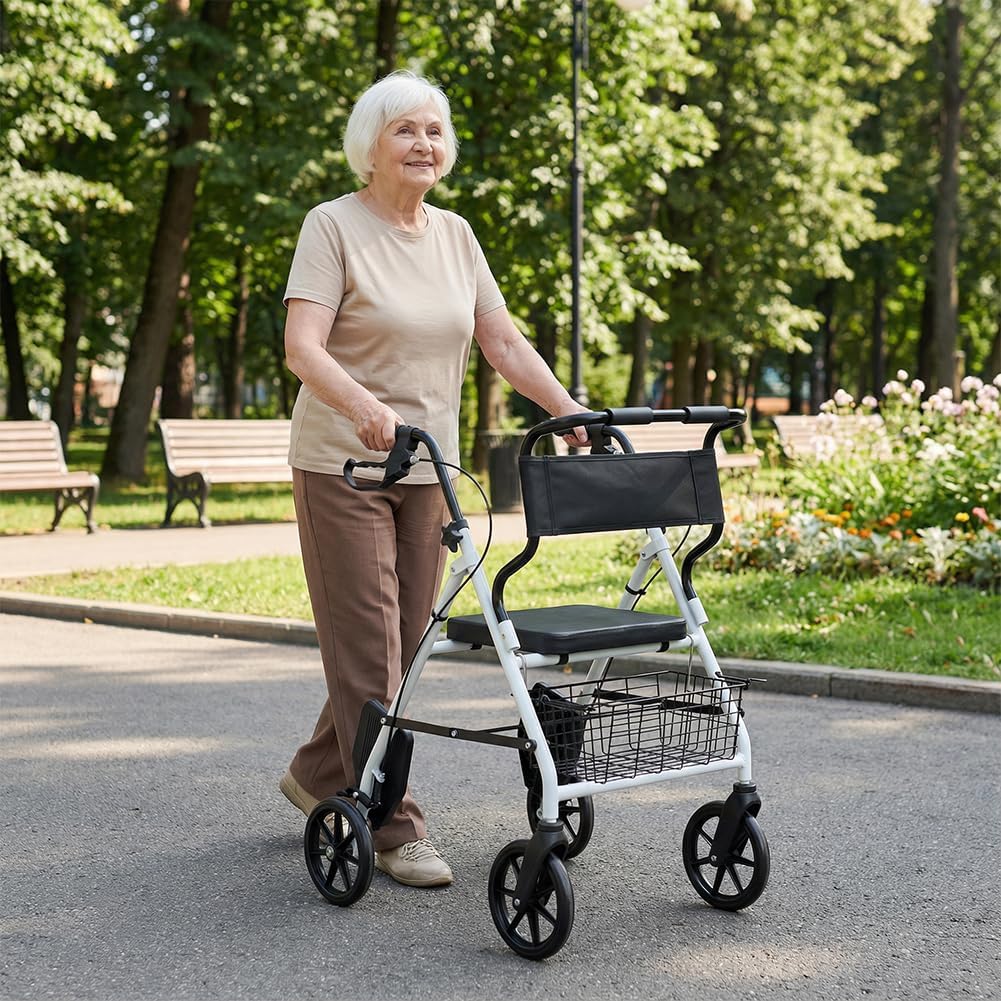BAKAJI Deambulatore Rollator con Sedile, Ausilio Camminata per Anziani con Ruote e Freni, Disabili e Persone con Mobilità Ridotta, Struttura Ultraleggera e Pieghevole con Altezza Regolabile