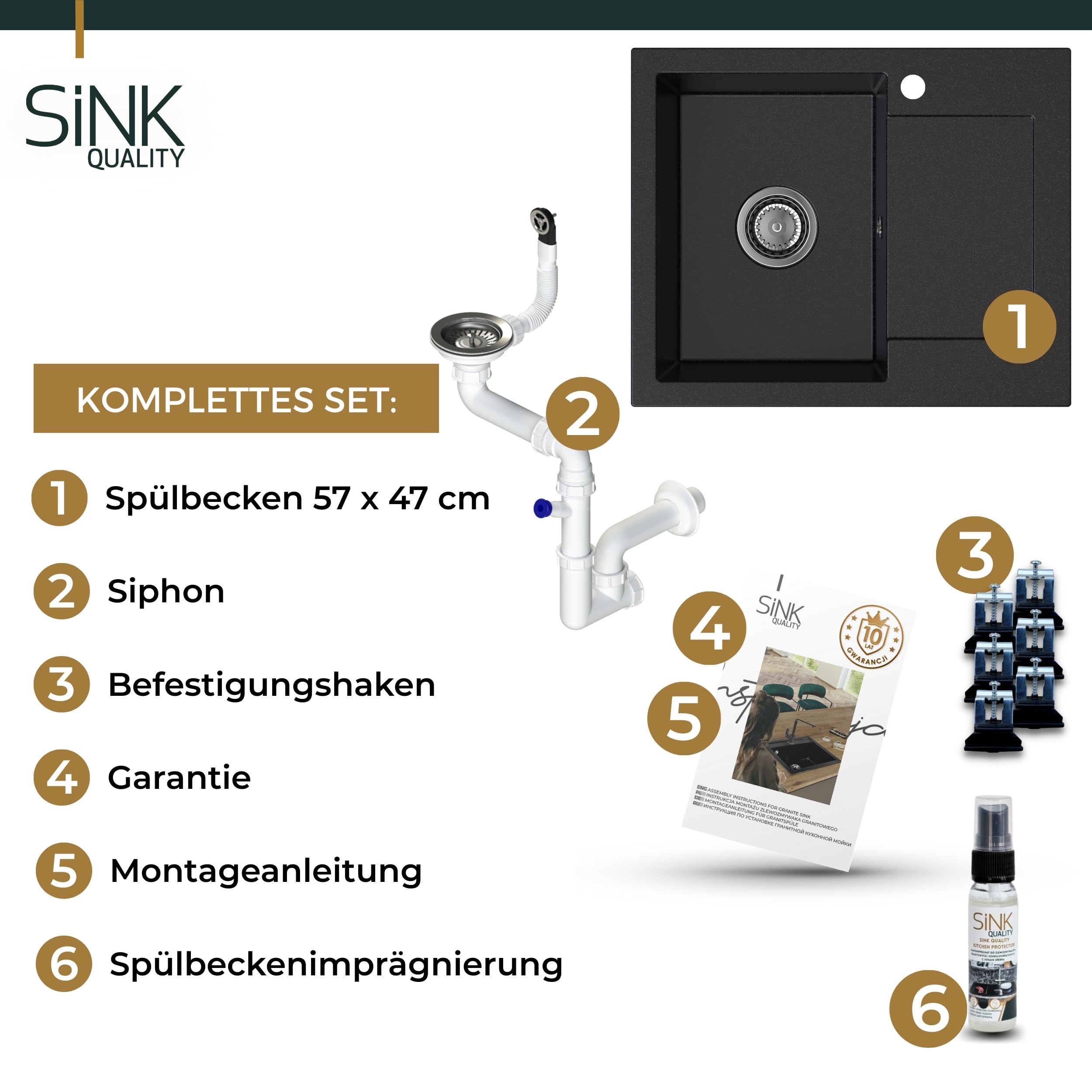 SINK QUALITY zlewozmywak granitowy czarny cętkowany 58 x 47 – zlewozmywak z syfonem i środkiem impregnującym – zlewozmywak kuchenny czarny nakrapiany z ociekaczem do szafki pod umywalkę 50