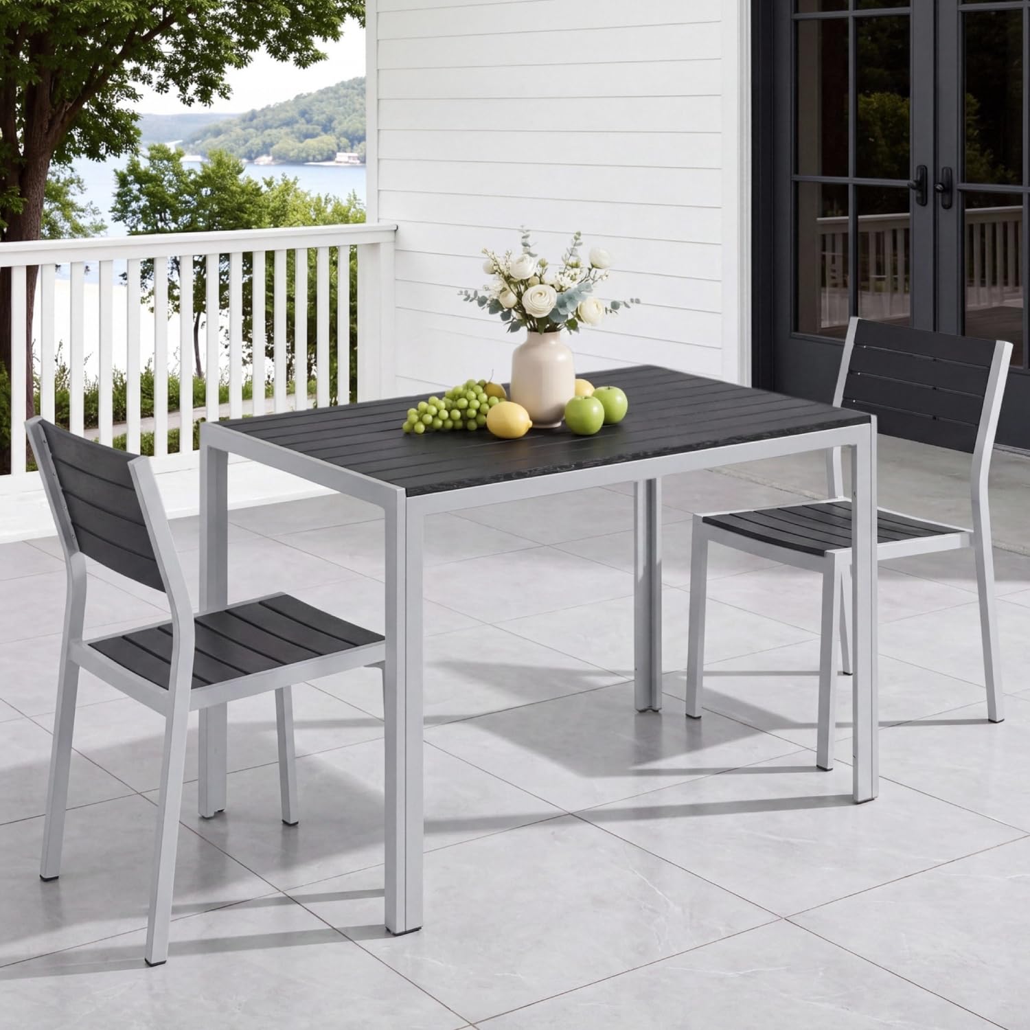Clevich Tavolo da giardino resistente alle intemperie, 110 x 70 cm, tavolo da pranzo per esterni, in WPC, telaio in alluminio, resistente alle intemperie, tavolo quadrato per terrazze, colore: argento