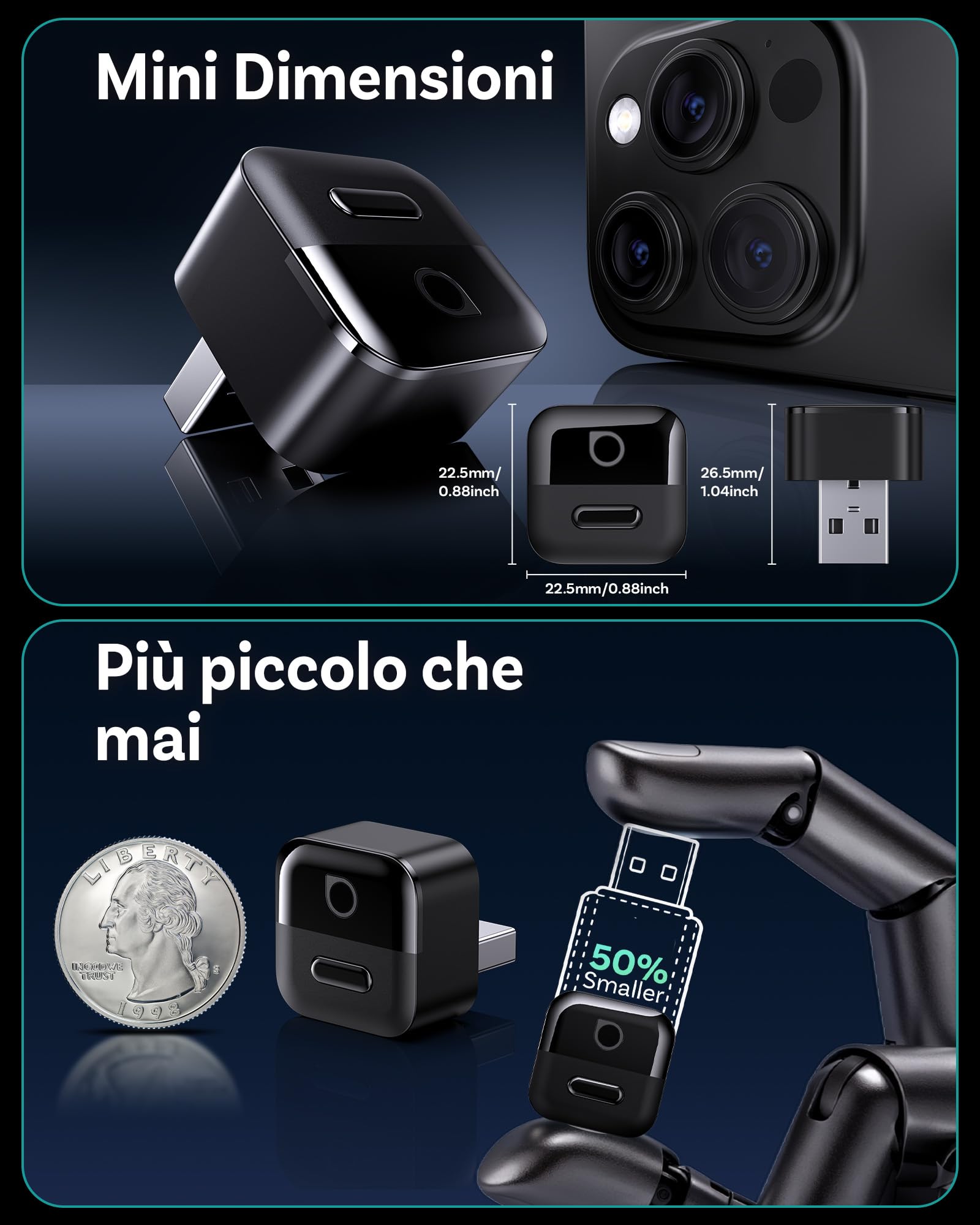 OTTOCAST Mini Pico 2026 Adattatore Wireless CarPlay e Android Auto, Pulsante Intelligente, 5-8s Connessione Automatica, USB-A/C, Aggiornamento OTA, Converte da Cablato a Wireless (iOS 10+/Android 11+)