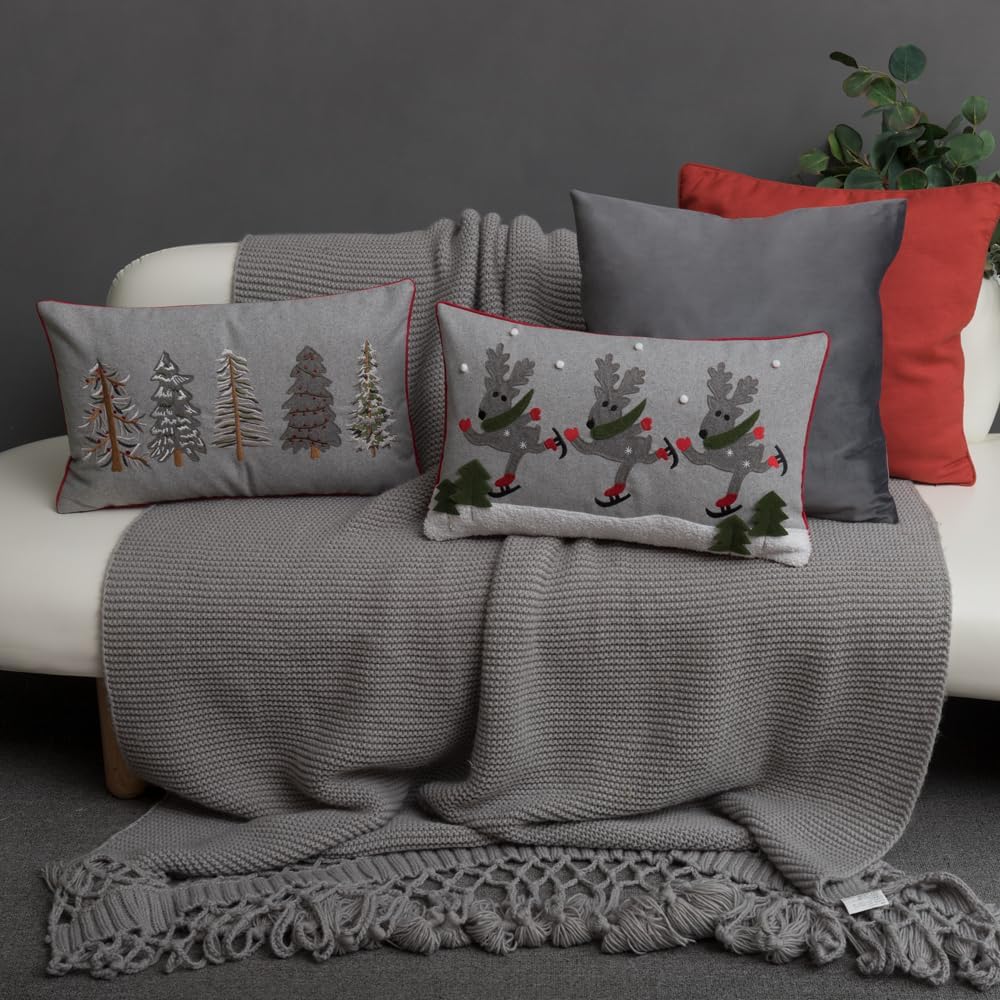 JWH Christmas Pillow Cover Decorative Green Tree Throw Pillow Embroidery Accent Pillow Case Holiday Cushion Cover for Home Bed Bedroom Chair Farmhouse Decoration 12 x 20 Inch Grey