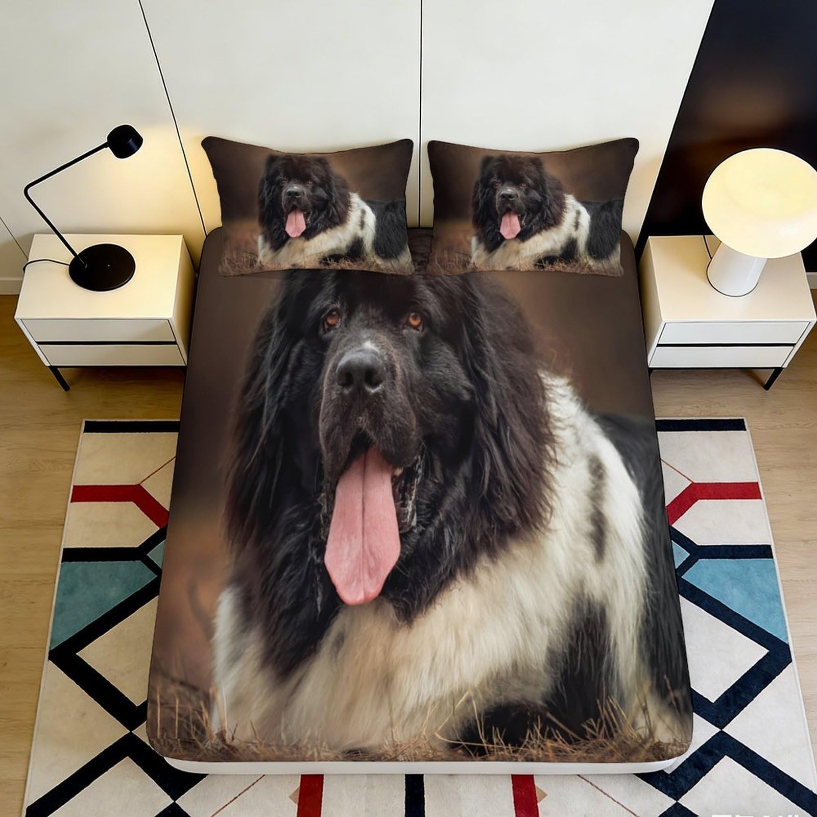3D Printed Newfoundland Dog Fitted Sheet Microfiber Soft Breathable Black White Bed Sheet for Bedroom Decor 90x200x25cm