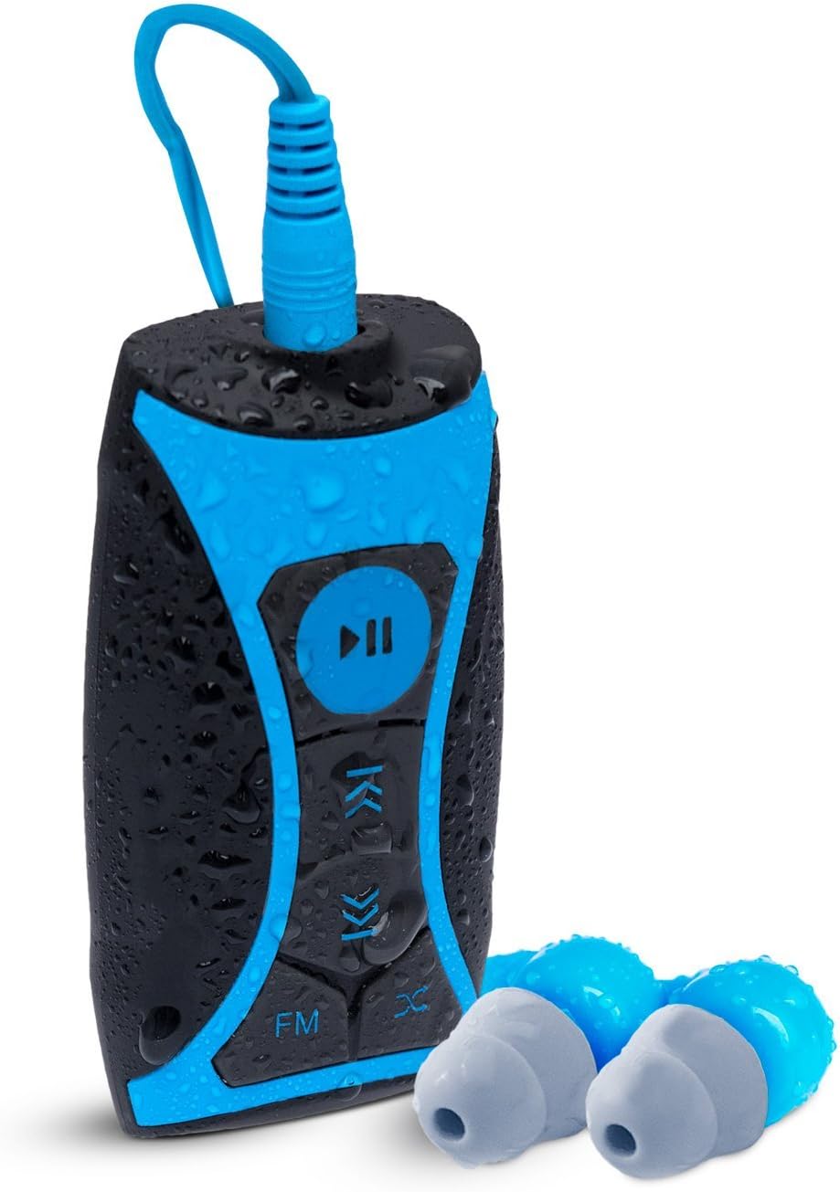 Waterfi 8GB Waterproof MP3 Player and FM Radio Swim Kit with Waterproof Short Cord Headphones - NEW VERSION plays iTunes Files (AAC, M4A)