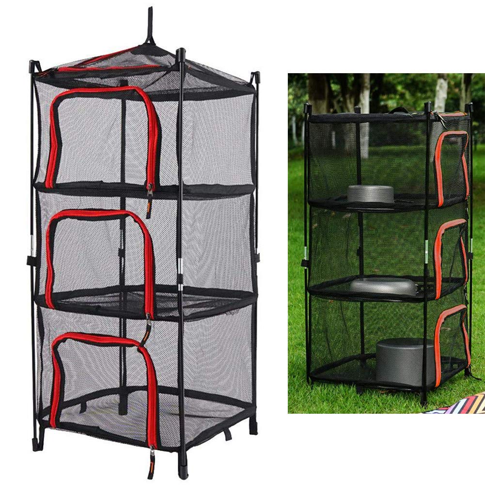 4 Schichten Camping Trockenes Netz Mit Reißverschluss, Outdoor Trocknungsnetz Faltbare Drying Net Trocknen Rack Mit Tragetasche, Kann Stehen Oder Hängen (Rot+Schwarz)