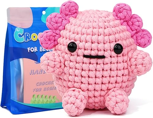 Dasonwin Kit de ganchillo para principiantes, kits de ganchillo con tutoriales de video paso a paso, un kit de animales de ganchillo rosa - Axolotl,