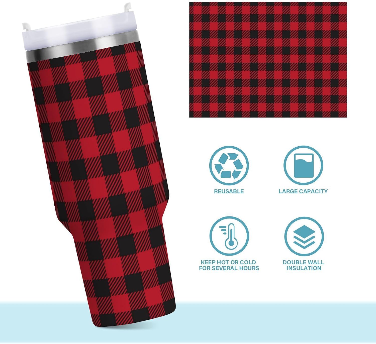 Pigsaly Vintage Gingham Buffalo Check Plaid 40oz Stainless Steel Vacuum Insulated Tumbler With Lid And Straw Red Black Striped Geometric Tumbler With Handle Double Wall Vacuum Travel Coffee Mug Wate