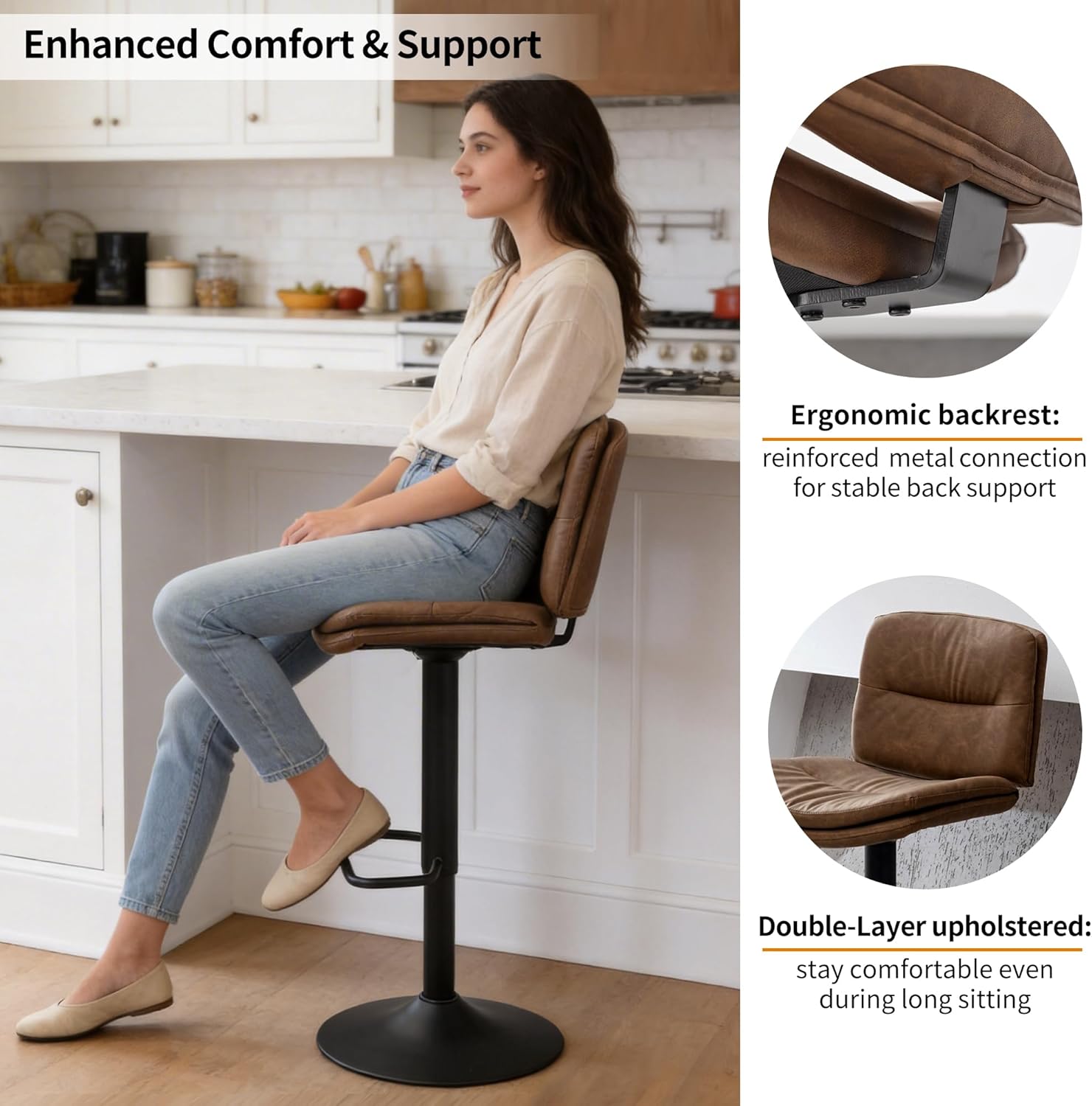 FIRAVOE Swivel Bar Stools Set of 4, Double-Layer Upholstered Counter Height Bar Stools with Back, Adjustable Bar Stool 24"-32", Faux Leather Barstools for Kitchen Island (Tan, 4PCS (24"-32"))