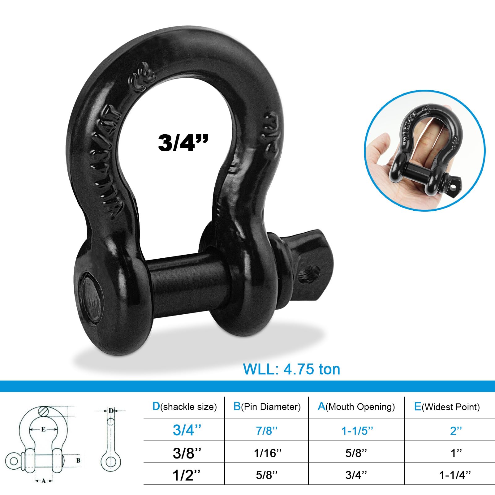 1,9 cm D-Ring-Schäkel, 2,2 cm Abnehmbarer Schraubstift, WLL: 4,75 Tonnen, Verwendung mit Leine, Seilwinde, für Fahrzeug-Recovery und Abschleppen in LKWs, Jeeps, 4er-Pack, Schwarz (4 Stück)