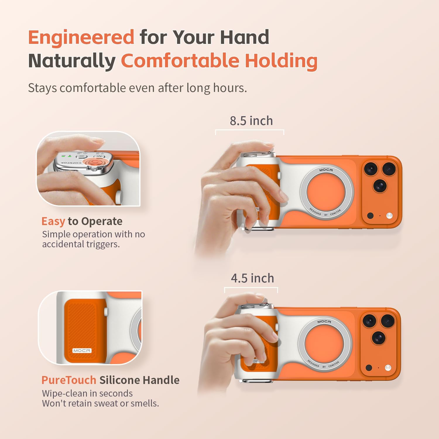 COMITOK MOCA iPhone 17 Pro Camera Grip No Need App for iOS26, Compatible iOS17 and iOS18, Fun Shot Magnetic Grip for Phone Native Camera with Anti-Drop Detachable Remote and Convenient Keychain Hook