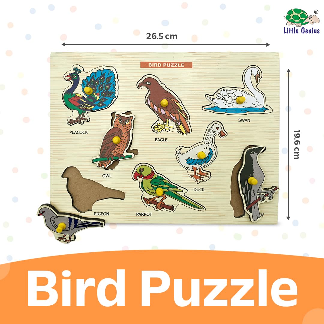 Little Genius Wooden Birds Puzzle Tray for Kids with Knobs - Fun