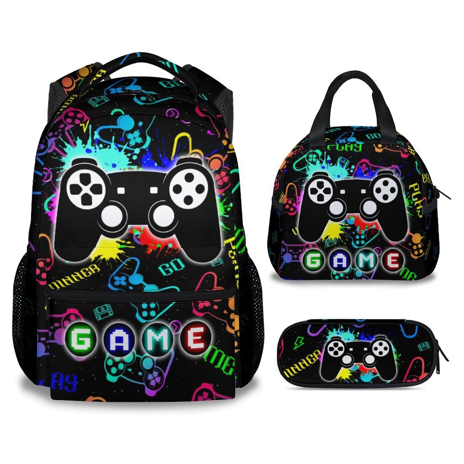 UNIKITTY Backpack for Boys - Gamer Backpack with Lunch Box and Pencil Case - Kids Bookbag for Middle School - 17 Inch Schoolbag for Kindergarten