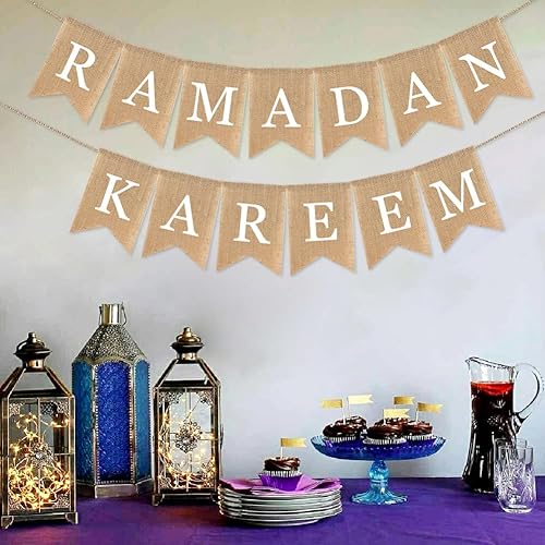 Miniatura 6 de Cartel de arpillera para Ramadán Kareem decoración de chimenea musulmana decoración rústica de Ramadán Kareem banderines para chimenea suministros