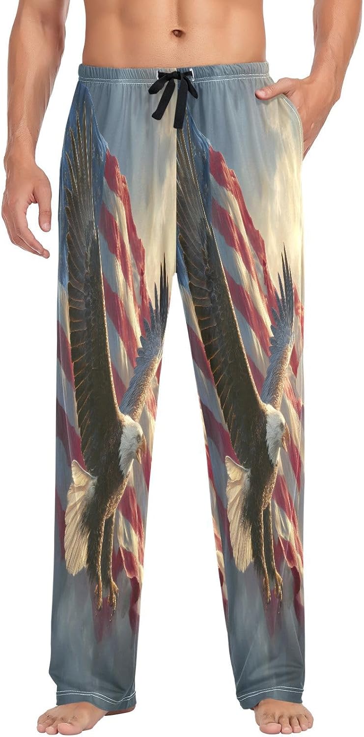 ALAZA Flying Bald Eagle American Flag Men's Pajama Pants Men Cotton Pajama Bottoms with Pockets, S