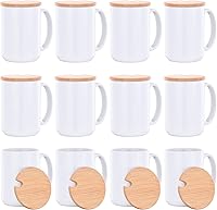 RAINBOWTIE 15oz Sublimation Mugs with Bamboo Lids - Set of 12 Ceramic Coffee Mug Blanks for DIY, Microwave & Dishwasher Safe