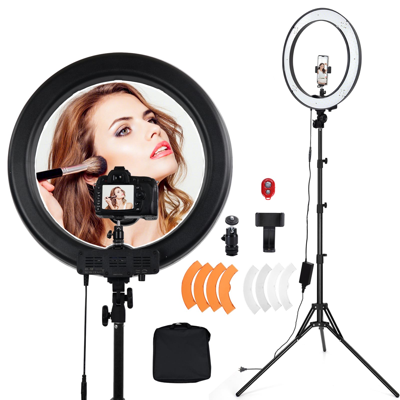18-Inch Ring Light, 55W Dimmable 5500K Light with 240 LEDs Color Filter, Soft Tube and Carrying Bag for YouTube, TikTok, Selfies and Photography, Compatible with Camera and Smartphones