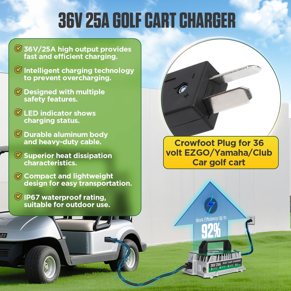 Caricabatteria da golf cart da 25 A, 36 V, per EZGO/Yamaha/Club Car 36 V, caricabatterie per golf cart IP67, impermeabile, completamente automatico, ricarica rapida intelligente con cavo da 16 m, per