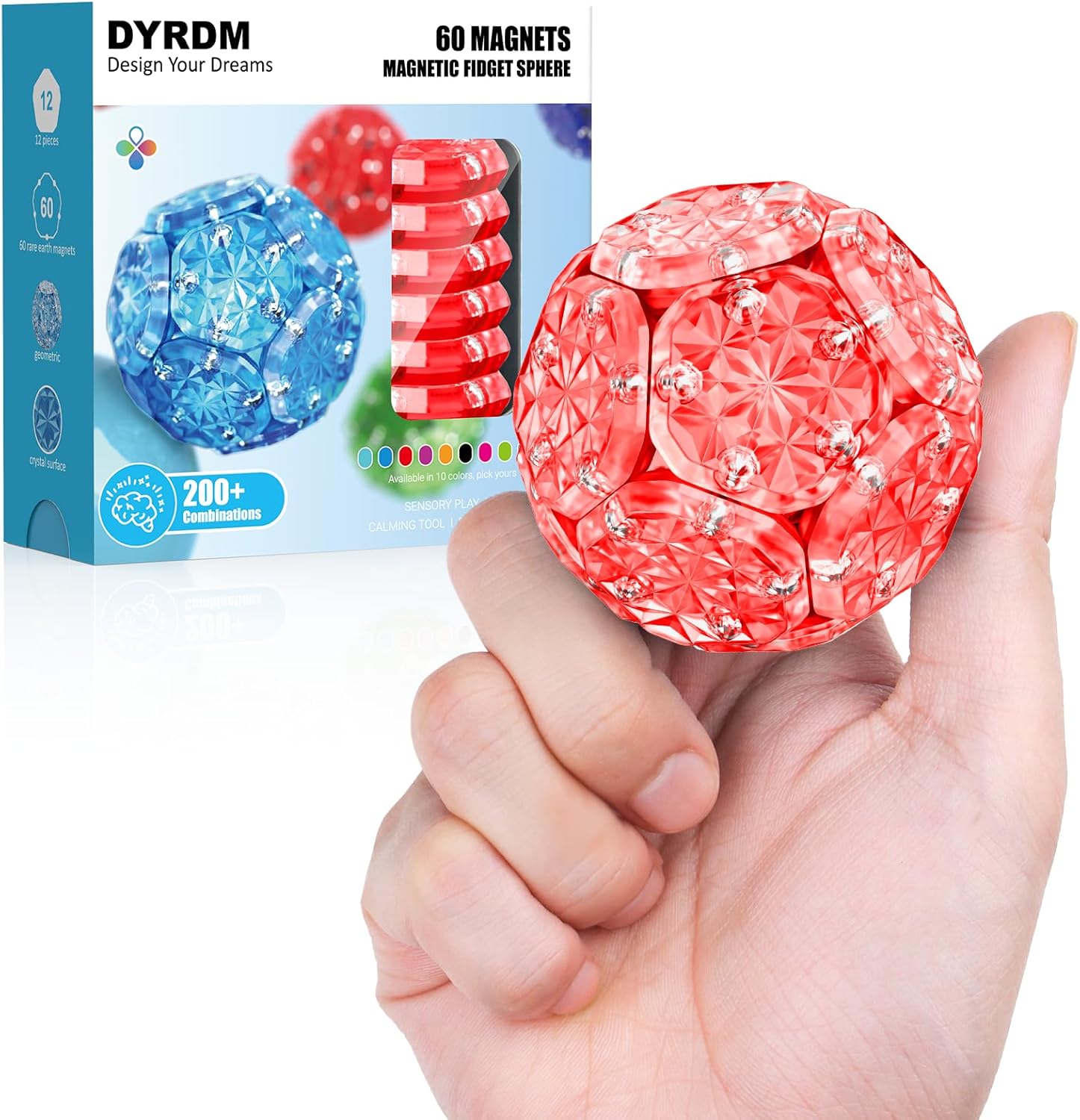 Magnetic Fidget Sphere 12 PCS, 200+ Combinations with Magnet Blocks, Magnetic Fidget Toys, Sensory Balls Desk Toys for Adults & Teens 14+, Stress Relief Gift, Stocking Stuffers Rose Red