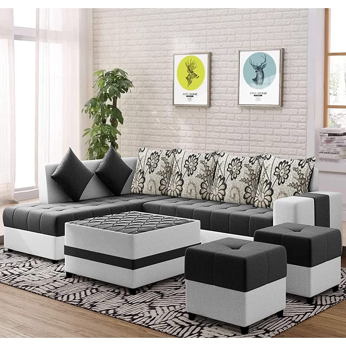 Urban Basics Stlyezina 8 Seater Fabric LHS L Shape Sofa Set with 1 Centre Table & 2 Poufs (Dark Grey-Light Grey)
