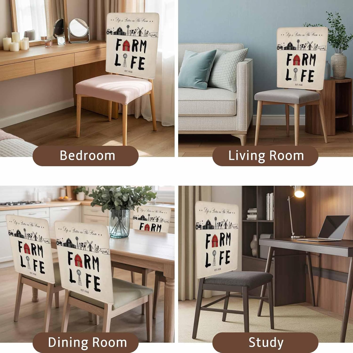 Chair Back Covers Set of 6, Country Cabin Washable Removable Chair Covers for Dining Room, Vintage Farmhouse Barn Chicken Pig Cow Decorative Dining Chair Slipcover for Kitchen, Home, Hotel, 20x19 Inch