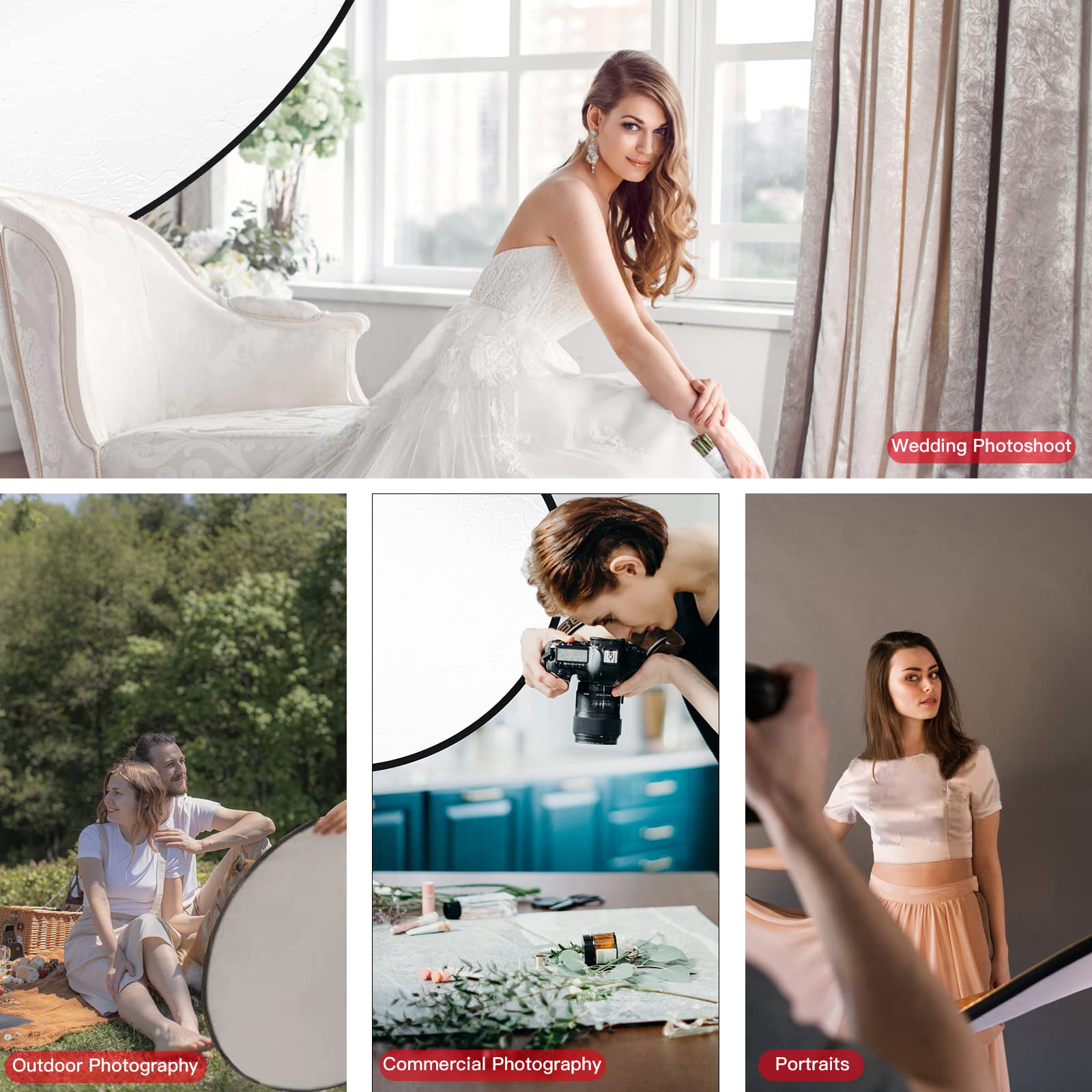 Zestaw do fotografii 5 w 1, składany reflektor z uchwytem odblaskowym (Ø 80 cm), okrągły, przezroczysty, srebrny, złoty, biały i czarny, do fotografii, studia fotograficznego, oświetlenie