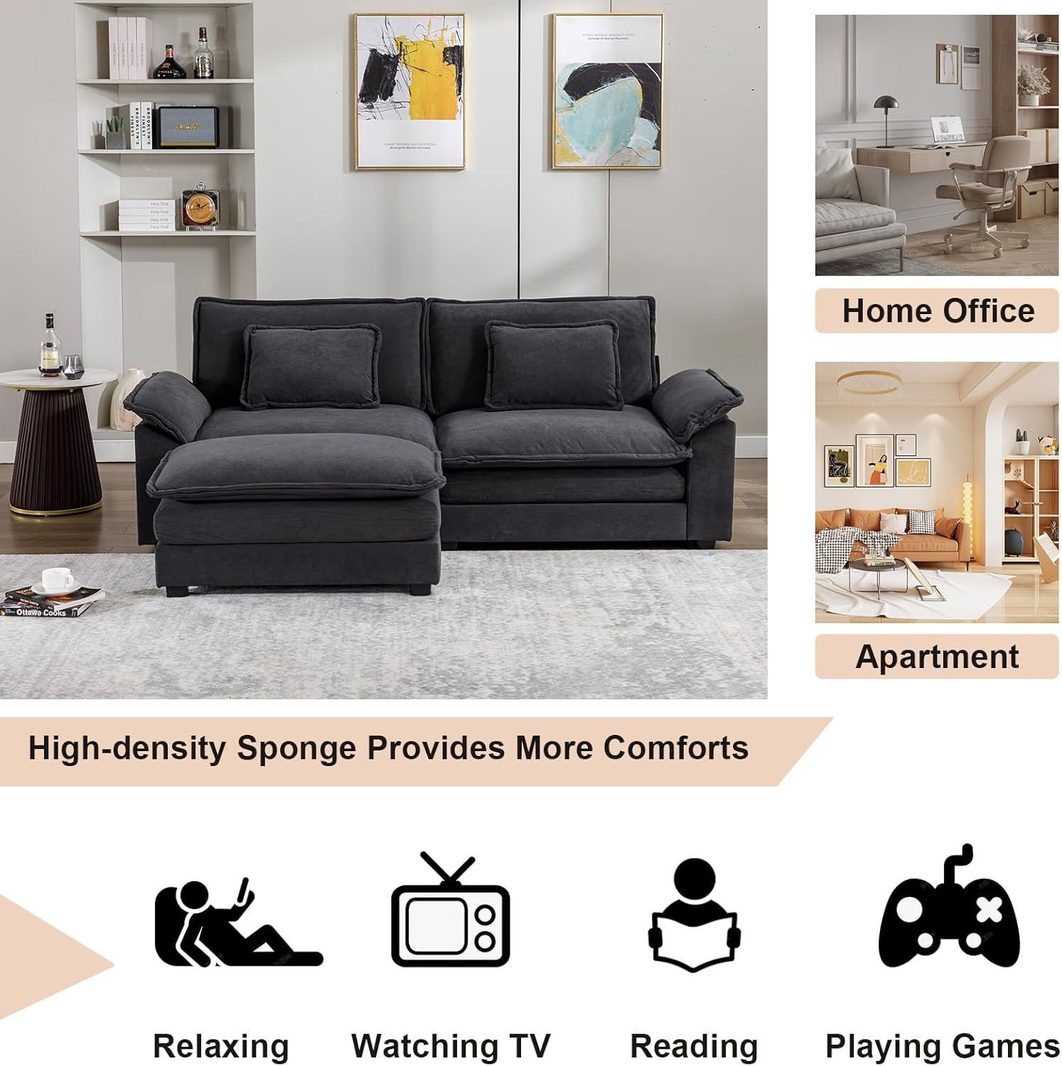 85.8" Modular Sectional Sofa Oversized Comfy Loveseat L Shaped Sofa Couches with Chaise/Ottoman/Pillows for Living Room,Apartment,Office (Dark Grey)