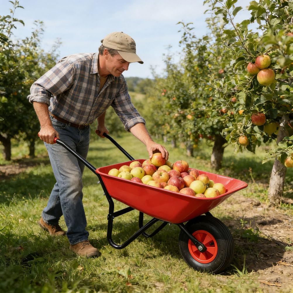 Steel Tray Wheelbarrow 220LB Capacity, 2.2 Cu.Ft. Garden Cart with 12" Pneumatic Wheel, Lightweight Yard Wheelbarrow with Loop Handle for Gardening, Lawn, Landscaping, Construction, Red