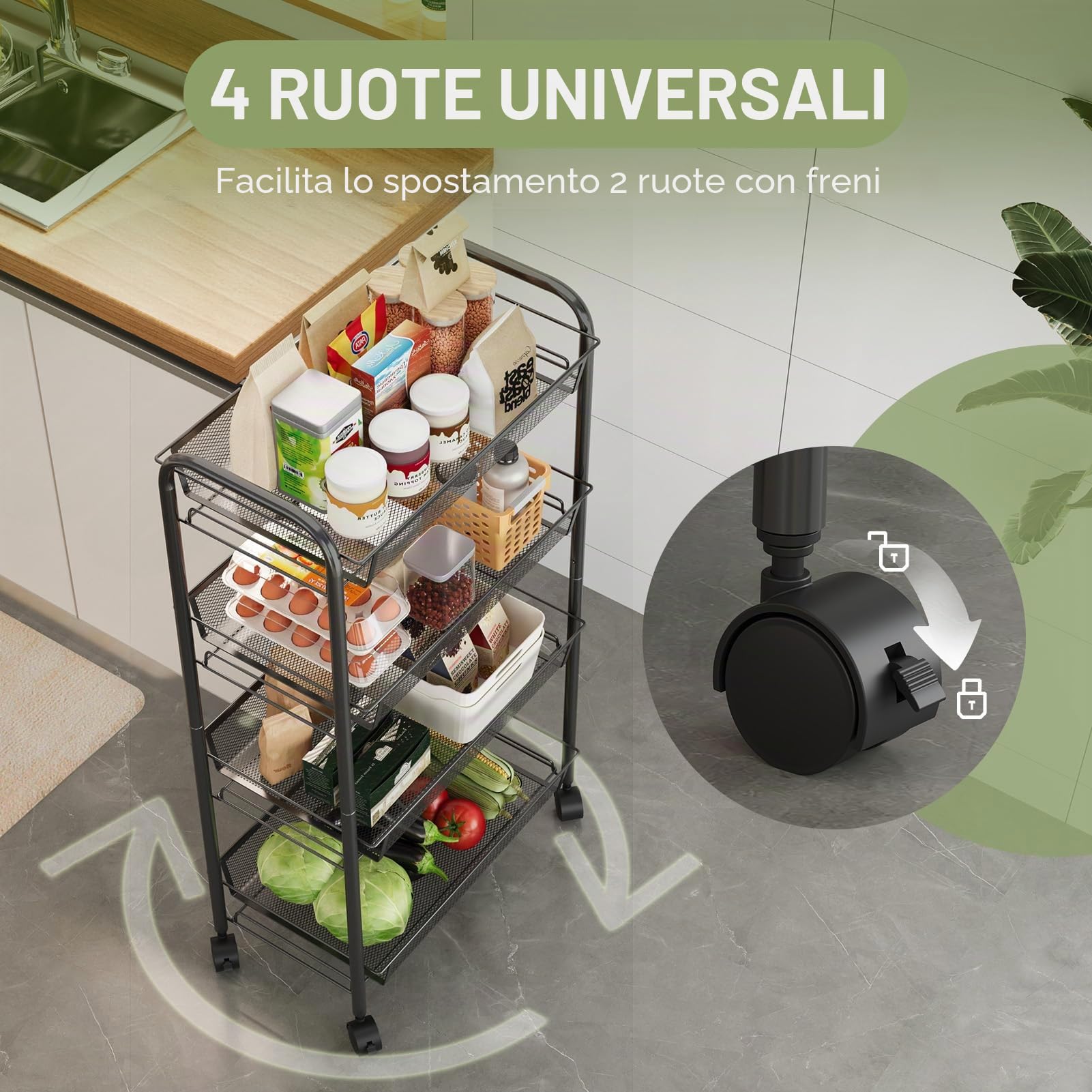 WELDUN Carrello Portaoggetti A 4 Livelli, Carrello A Rete, Carrello Portaoggetti Mobile Per Camera Da Letto, Cucina, Bagno, Soggiorno, Metallo, Nero