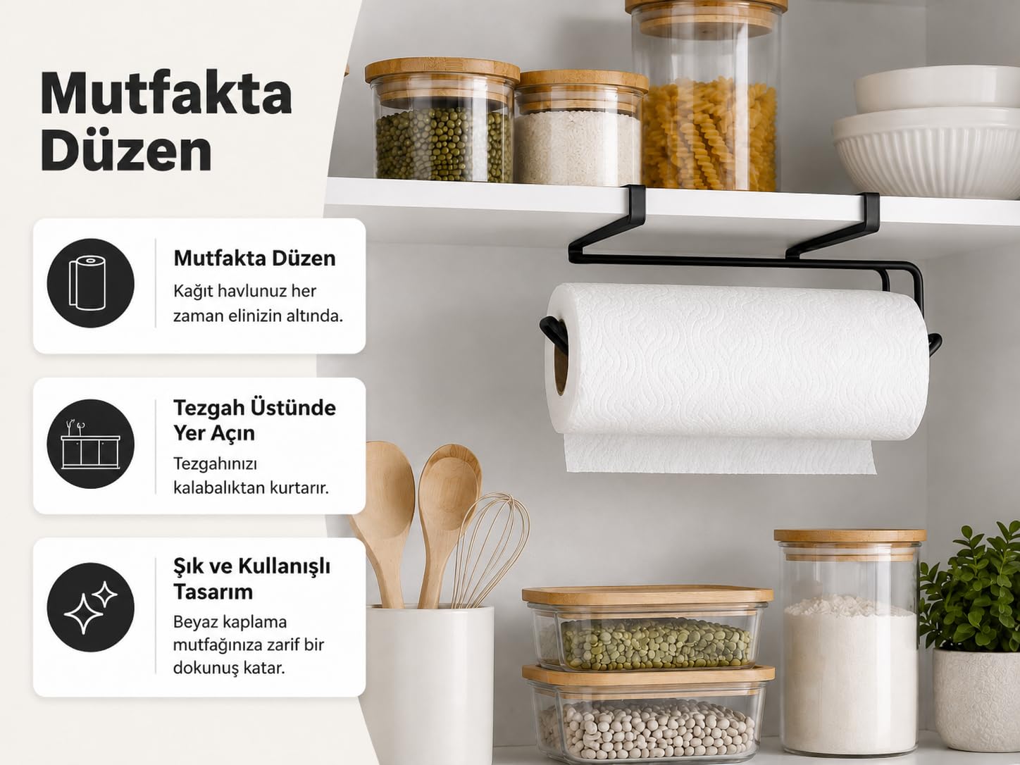 Alper Banyo Pratik Solo Havluluk Siyah, Dolap Altı Kağıt Havlu Tutucu, Delmeden Montajlı Mutfak Rulo Havluluk, Askılı Metal Düzenleyici