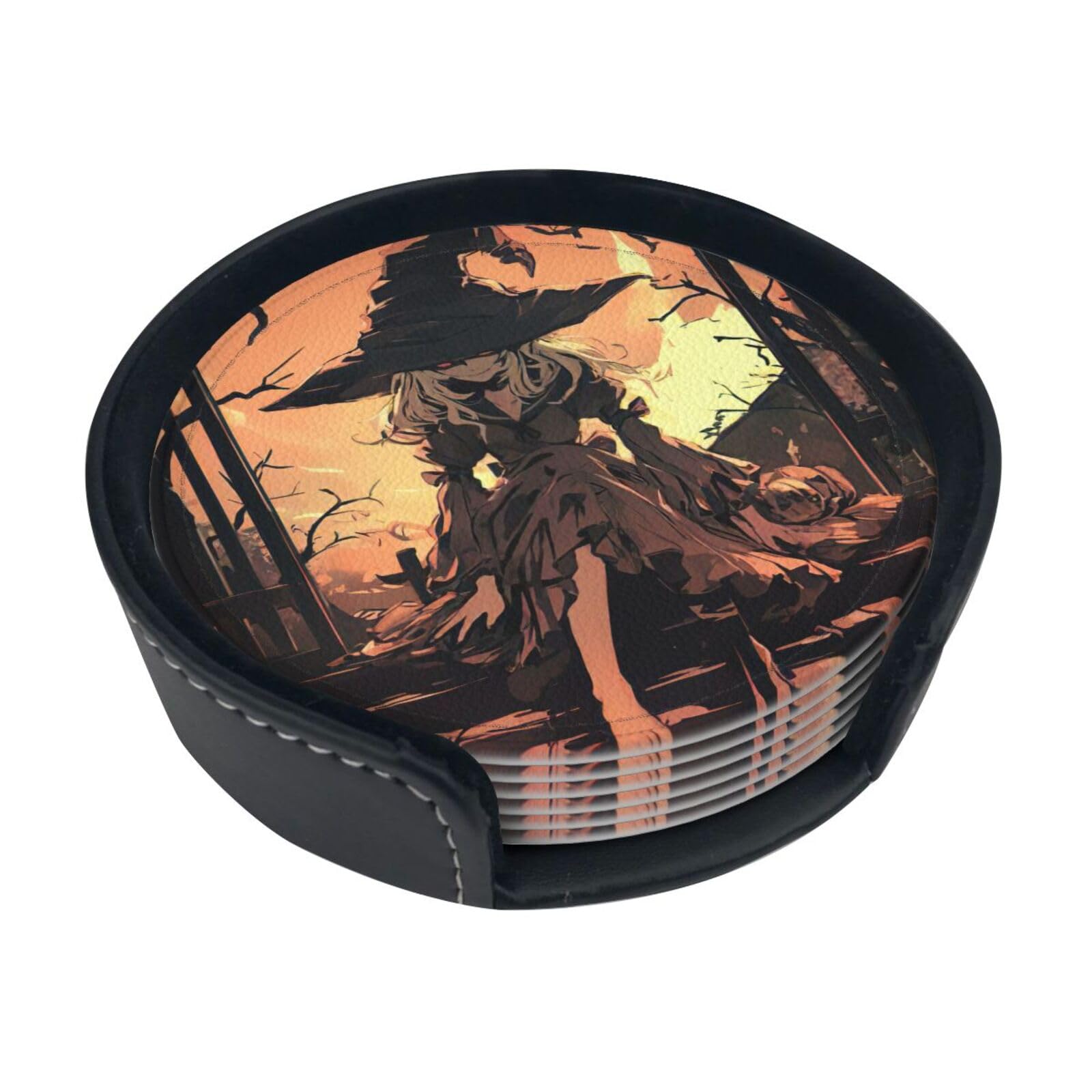 Halloween Horror Print Round Coasters Set Of 6,Coaster For Tabletop Protection Home Bar Decor