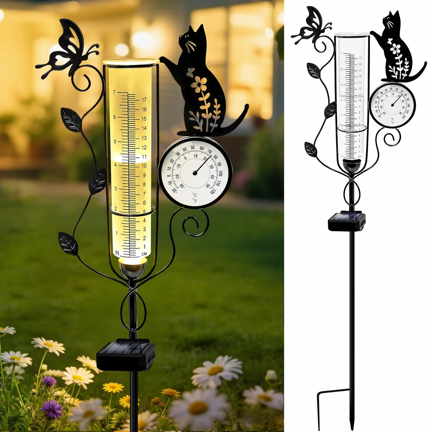 YJFWAL Cat Rain Gauge Outdoor, Decorative Metal Butterfly Solar Rain Gauge with LED Light and Thermometer, Garden Decor for Yard, Lawn, Pathway, Farm