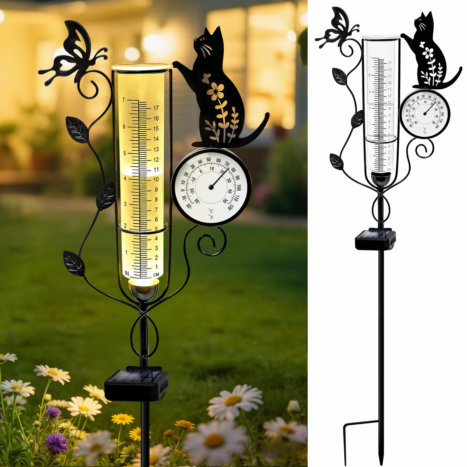 YJFWAL Metal Cat Solar Rain Gauge Outdoor with LED Light and Thermometer