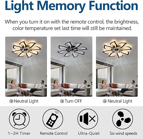 Miniatura 2 de Modern Ceiling Fan with Lights and Remote Control, 32" Black Flush Mount Fan with 3 Light Colors, 6 Speeds, Low Profile for Kitchen and Bedroom