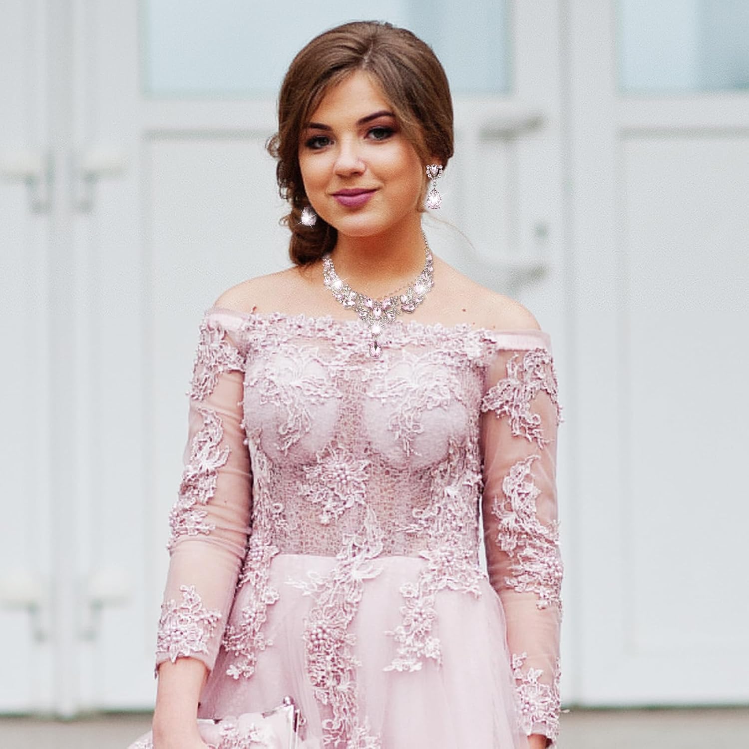 Hicarer Bridal Teardrop Cluster Crystal Jewelry Set for Women Necklace Earrings Wedding - Image 6