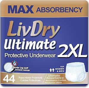 LivDry Ultimate Adult Incontinence Underwear, High Absorbency, Leak Cuff Protection (XX-Large (44 Count))